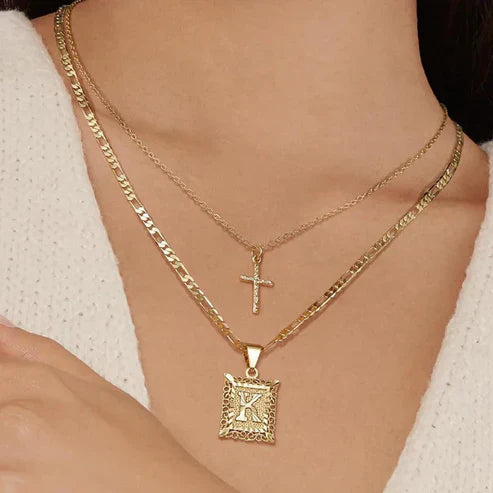Cross Initial Pendant Necklace Set