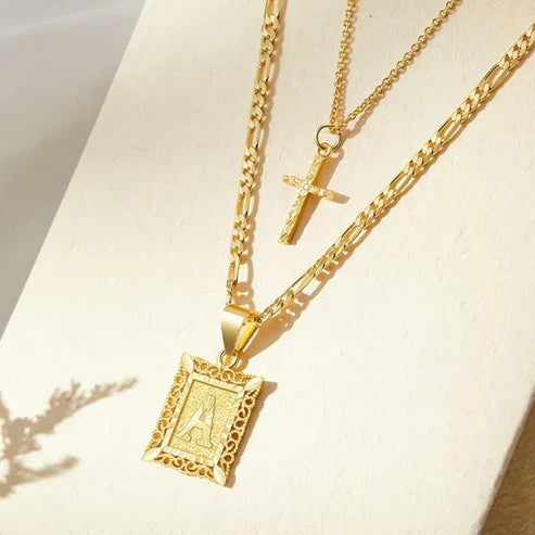 Cross Initial Pendant Necklace Set