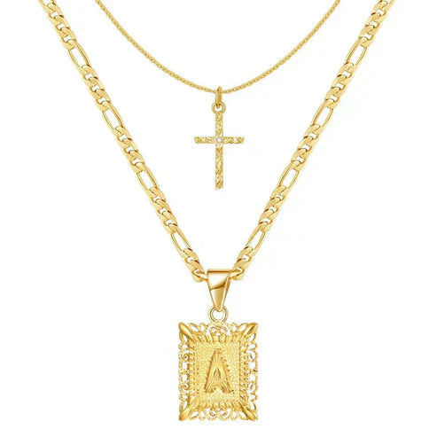 Cross Initial Pendant Necklace Set