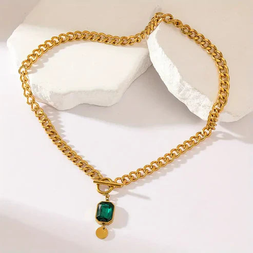 Chunky Chain Green Gem Pendant Necklace