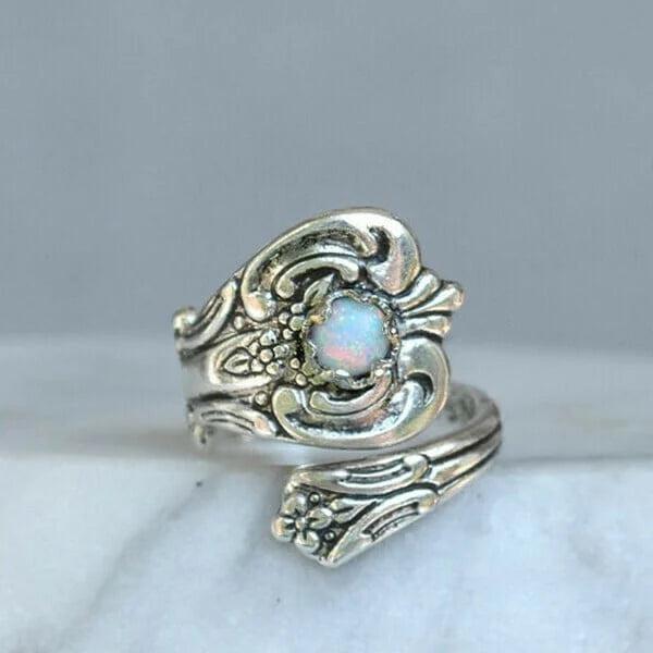White Opal Spoon-Style Adjustable Ring