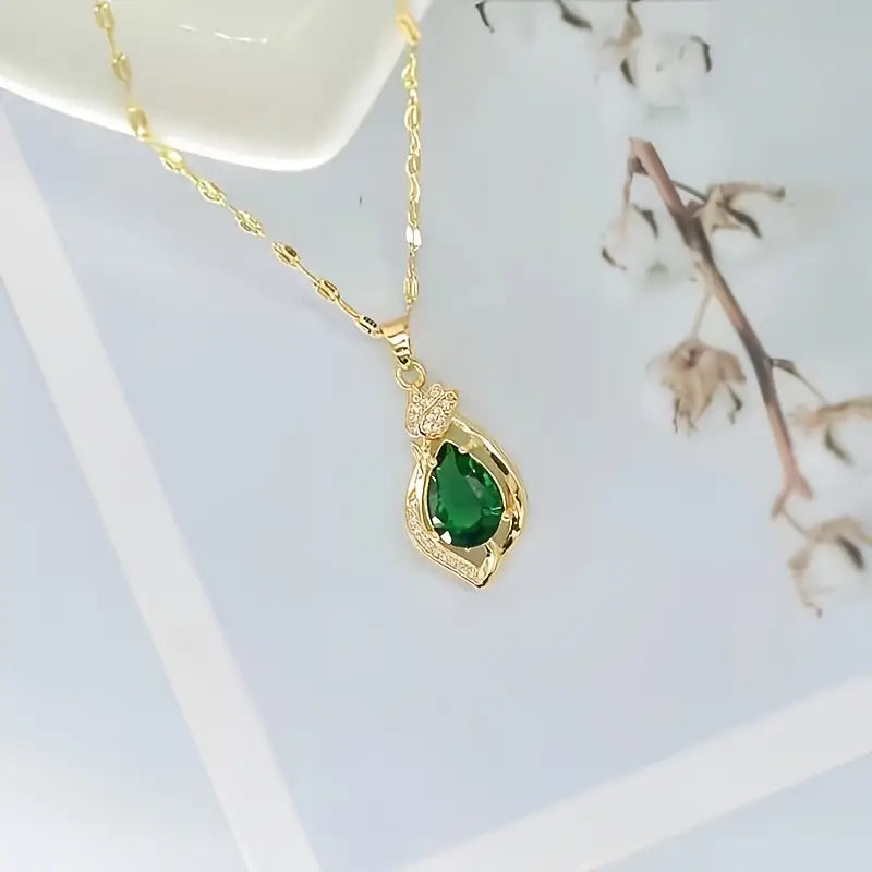 Gold Emerald Teardrop Pendant Chain Necklace