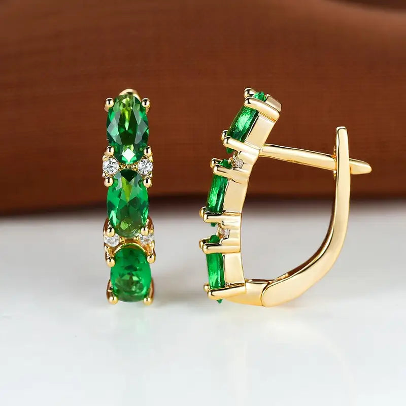 Gold and Emerald Vertical Hoop Earrings
