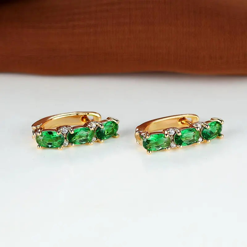 Gold and Emerald Vertical Hoop Earrings