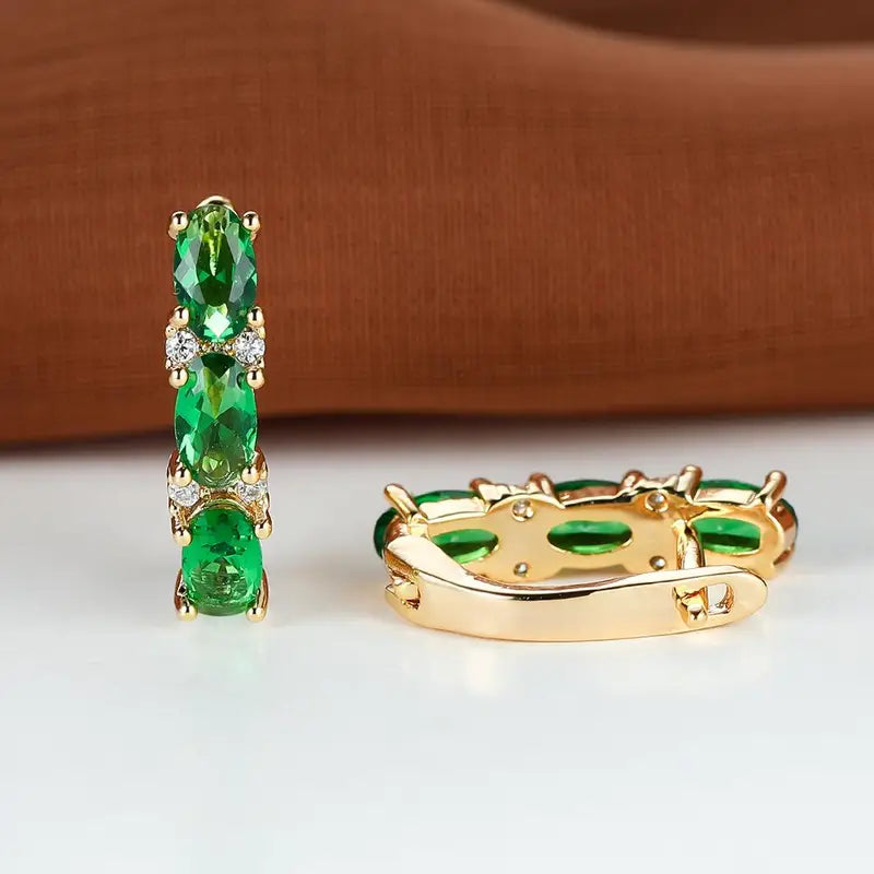 Gold and Emerald Vertical Hoop Earrings