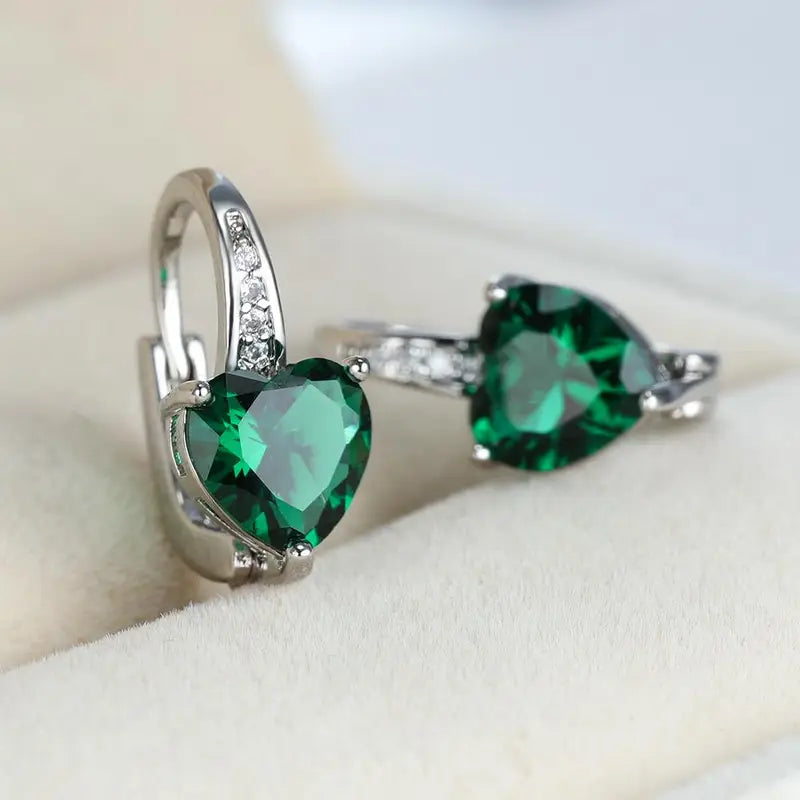 Silver Emerald Heart Hoop Earrings -> Silver Heart Hoop Earrings with Emerald