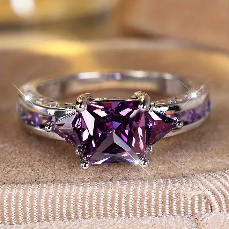 Silver Amethyst Geometric Band