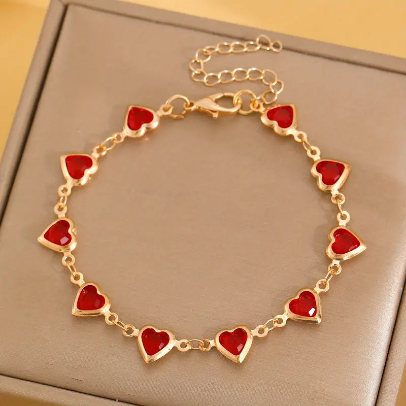 Gold Ruby Heart Link Bracelet