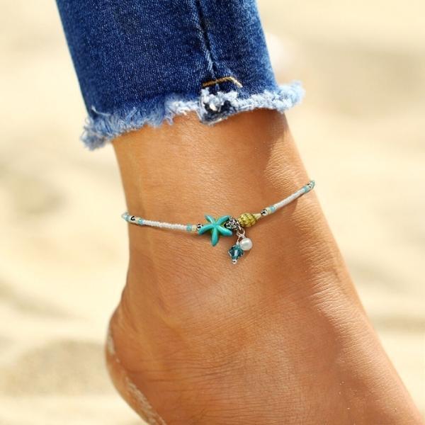 Star and Shell Anklet Bracelet with Gemstones