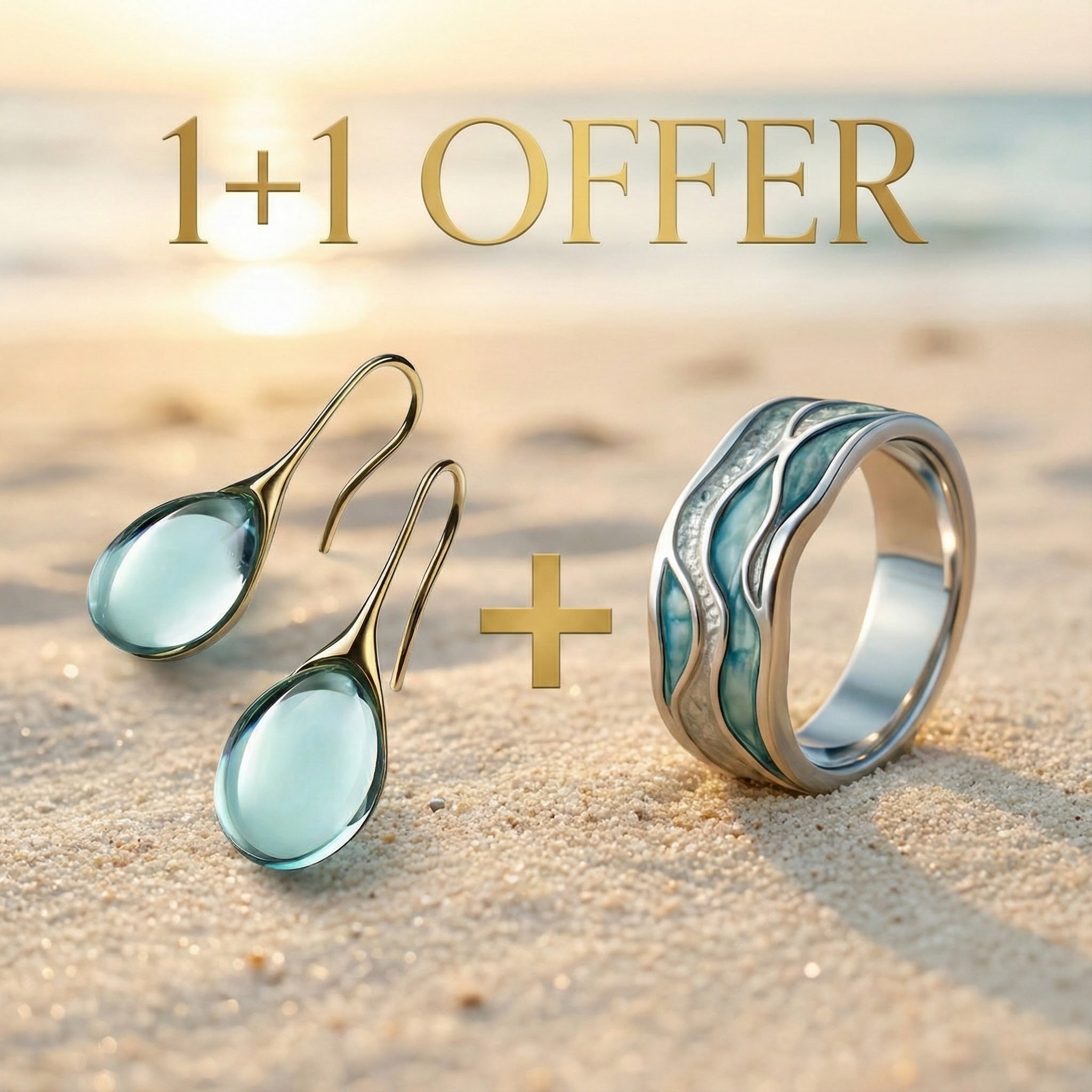 1+1 Deal: Aurora Ocean Beach Wave Ring + Crystal Drop Earrings in Gold and Silver