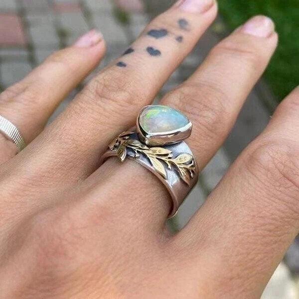 Geometric Opal Leaf Ring