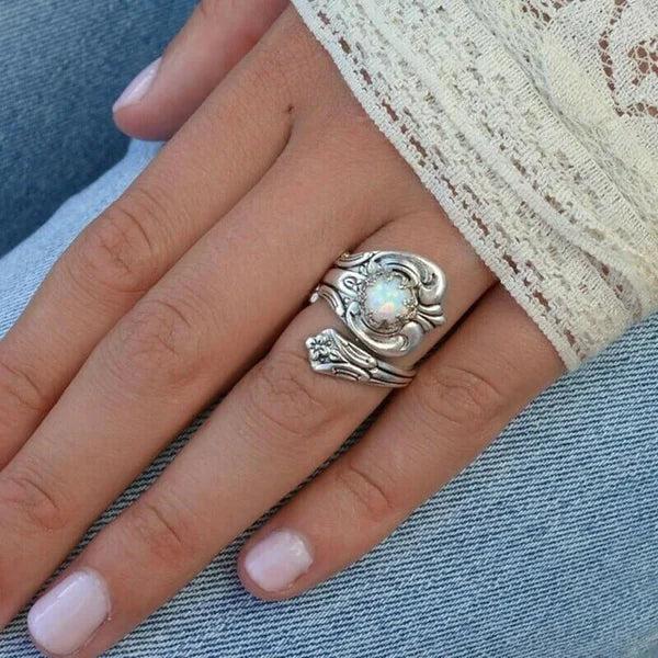 White Opal Spoon-Style Adjustable Ring