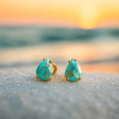1+1 Offer: Vintage Turquoise Inlaid Stone Gold & Silver Ring + Mediterranean Drops – Turquoise Stone Stud Earrings