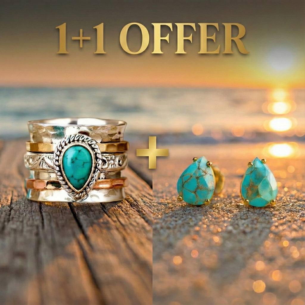 1+1 Offer: Vintage Turquoise Inlaid Stone Gold & Silver Ring + Mediterranean Drops – Turquoise Stone Stud Earrings