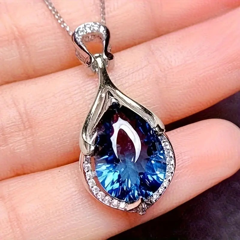 Silver Sapphire Teardrop Pendant Necklace