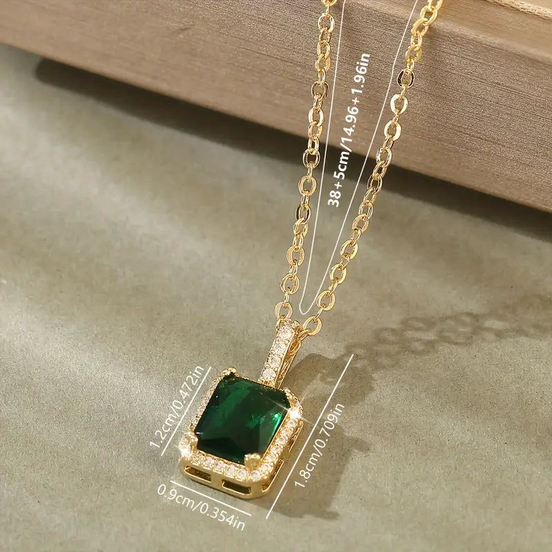 Emerald Gold Rectangular Halo Necklace