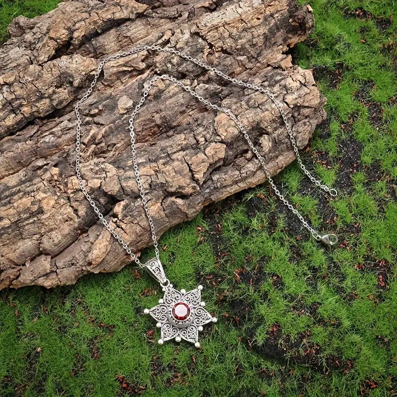 Silver Ruby Star Charm Necklace