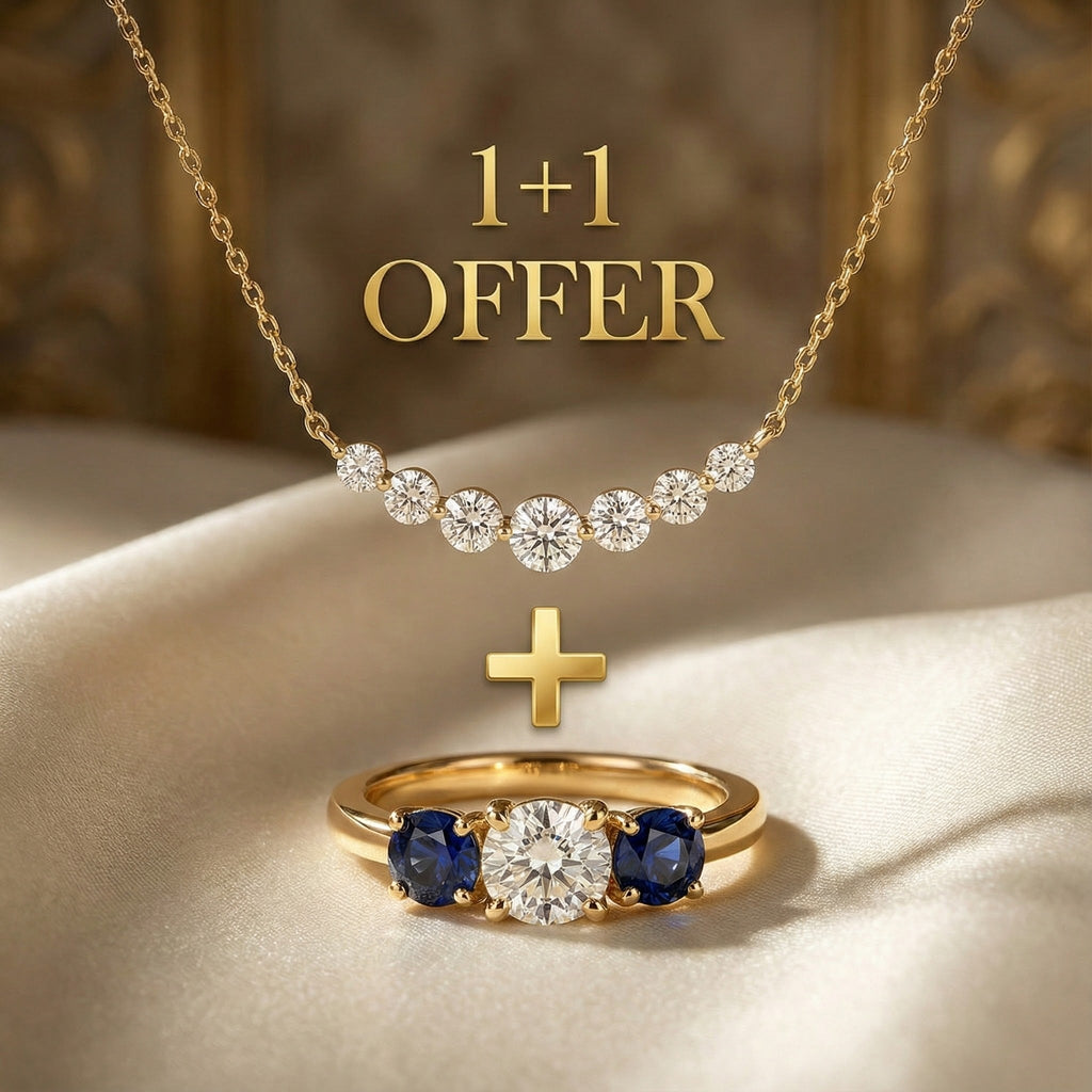 1+1 Offer: Golden Three Stone Cushion Cut White & Blue Sapphire Wedding Band Ring for Women + Round Cut White Sapphire Gold Pendant Necklace