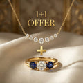 1+1 Offer: Golden Three Stone Cushion Cut White & Blue Sapphire Wedding Band Ring for Women + Round Cut White Sapphire Gold Pendant Necklace