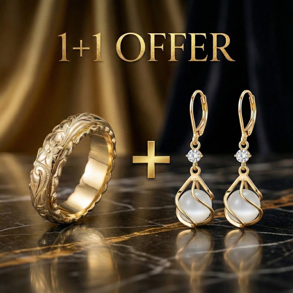 1+1 Offer: Vintage Gold Ring with Natural Design + Vintage White Opal Dangle Gold Earrings