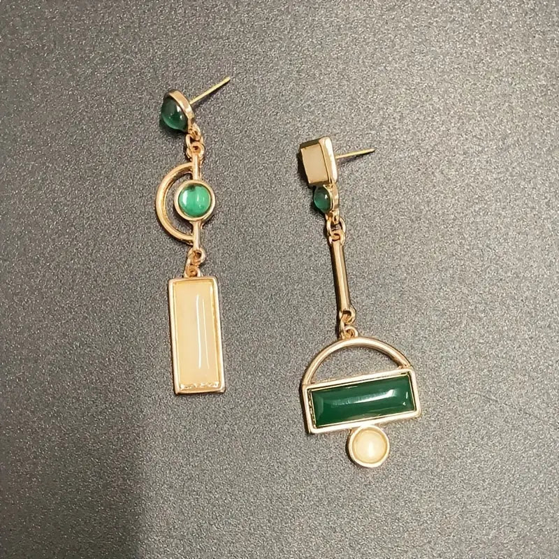 Gold Emerald Geometric Dangle Earrings