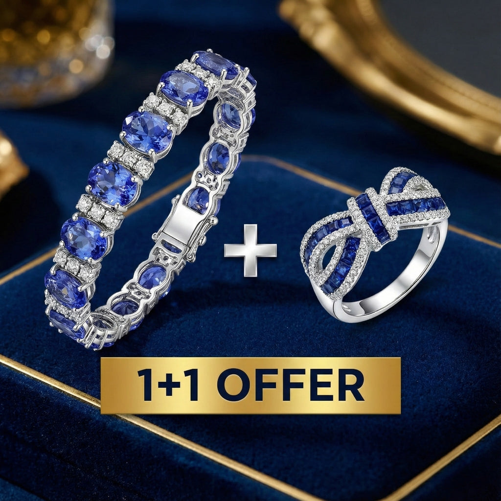 1+1 Offer: Oval & Round Cut Blue Tanzanite Bracelet + Knot Round Cut Blue Sapphire Engagement Ring