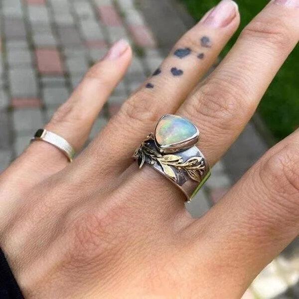 Geometric Opal Leaf Ring