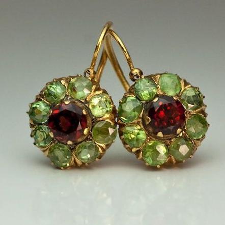 Rounded green and red gemstone earrings