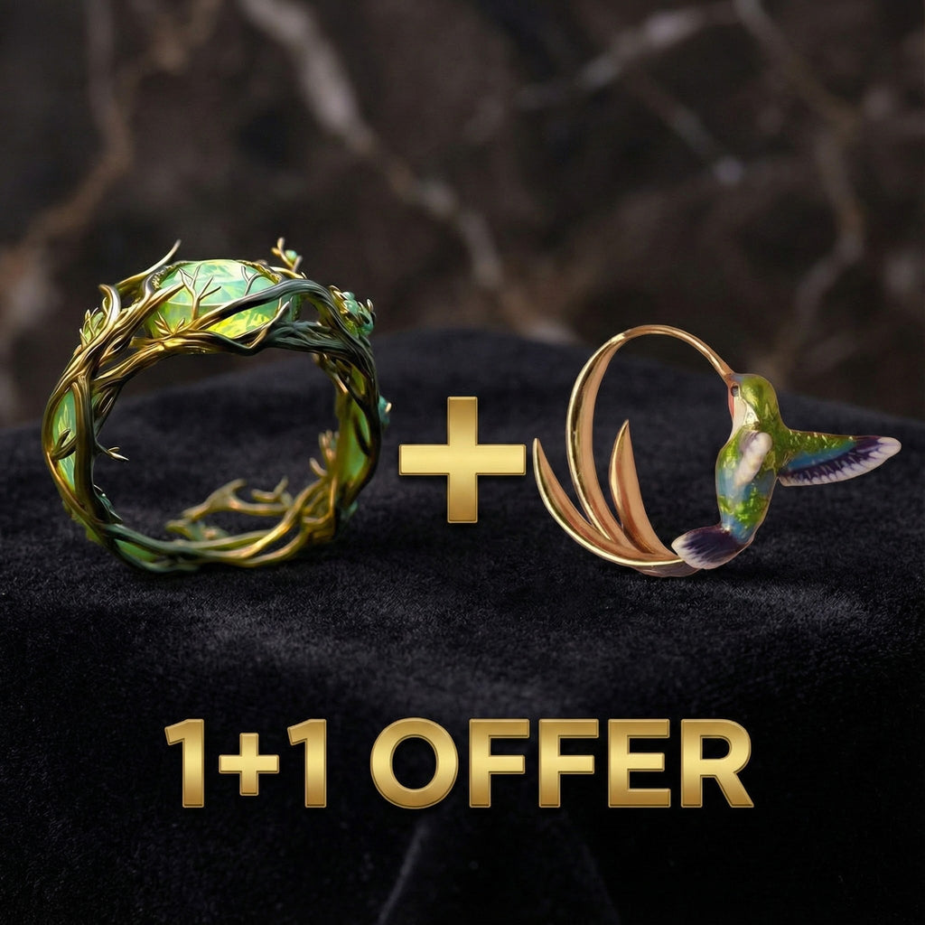 1+1 Offer: Vintage Enamel Hummingbird Hoop Earrings & Green Opal Natural Ring