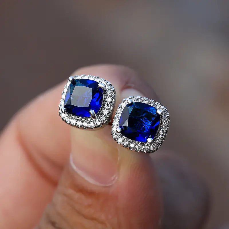 Silver Sapphire Halo Stud Earrings -> Silver Sapphire Halo Stud Ear Studs