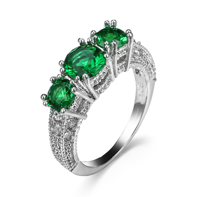 Silver Emerald Trio-Stone Ring