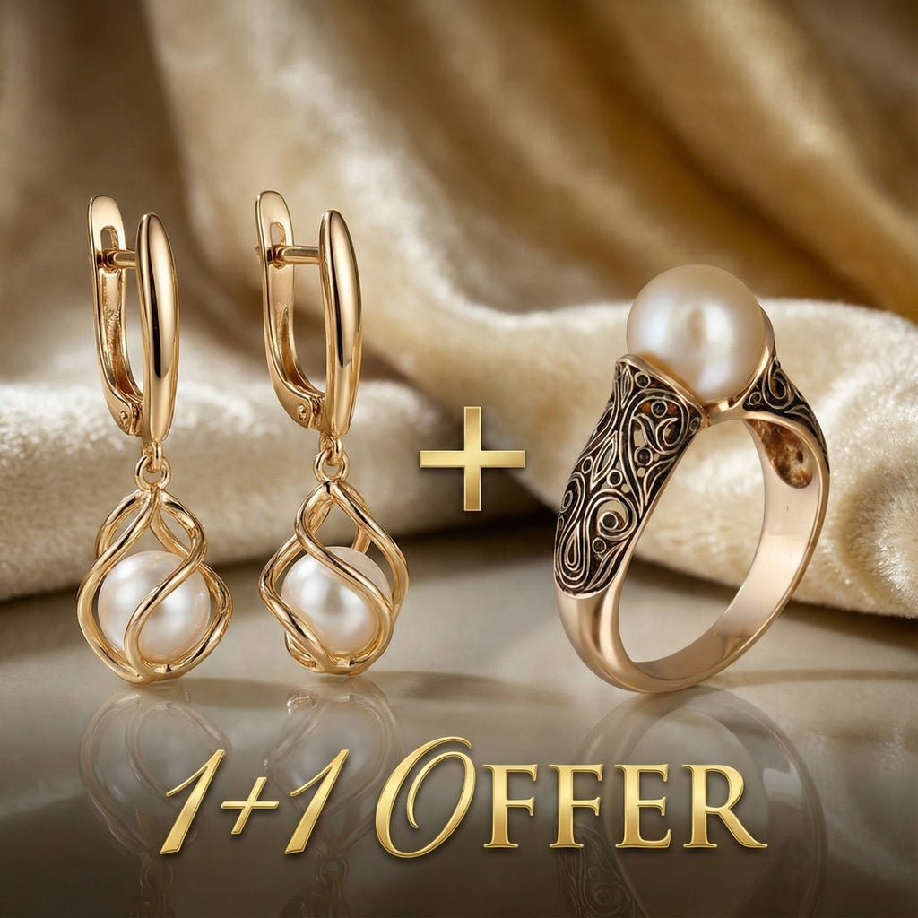 Buy One, Get One: Elegant Gold Pearl Earrings + Vintage Gold Ring with a Fancy Pearl