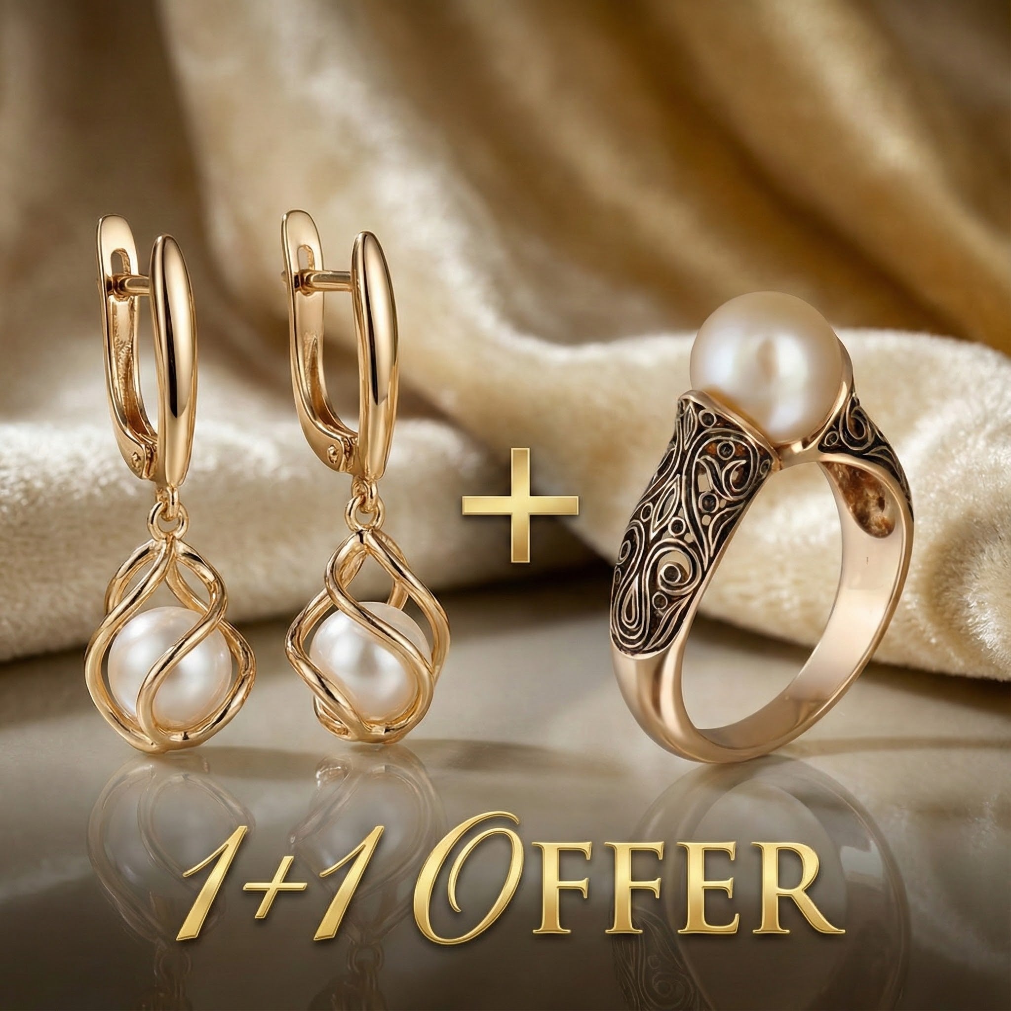 Buy One, Get One: Elegant Gold Pearl Earrings + Vintage Gold Ring with a Fancy Pearl