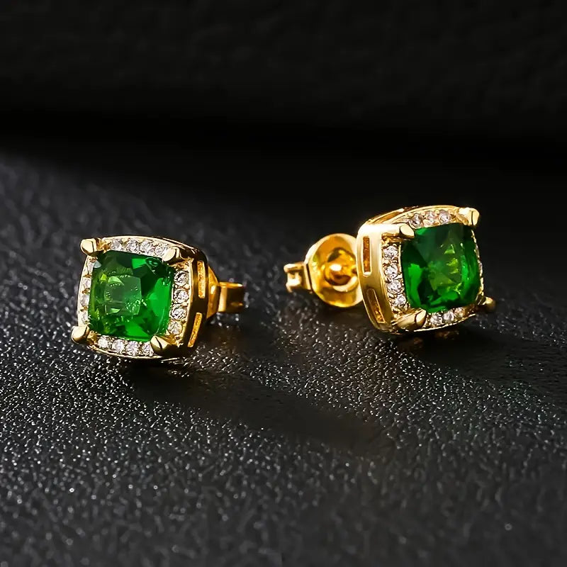 Golden Emerald Halo Stud Earrings