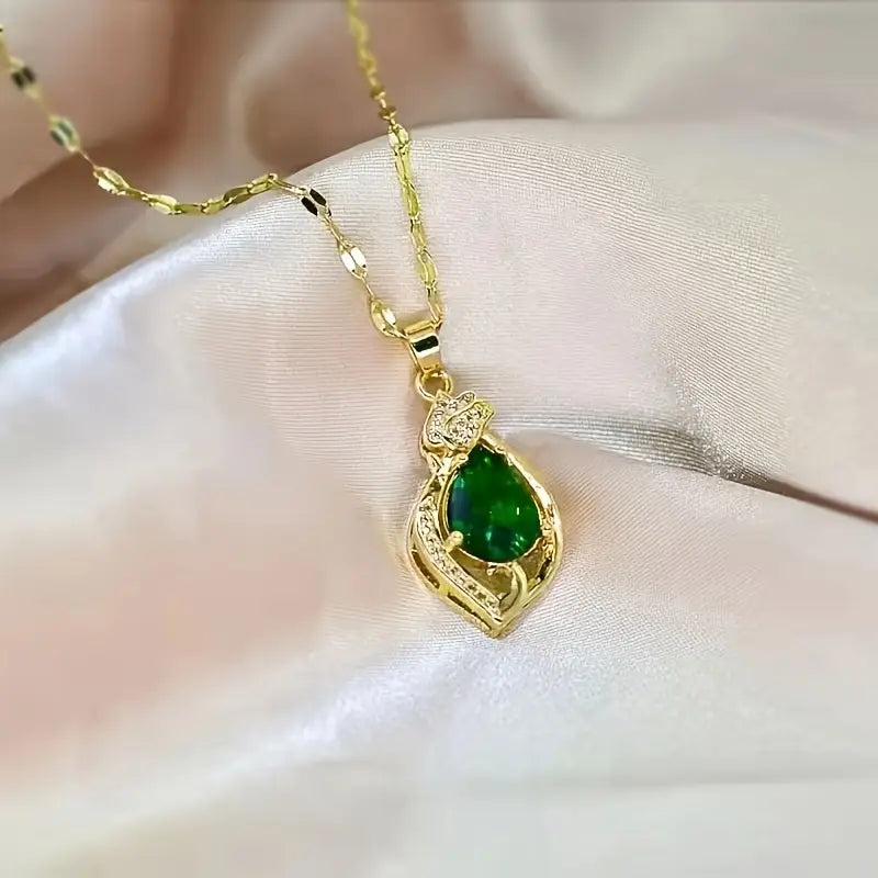 Gold Emerald Teardrop Pendant Chain Necklace