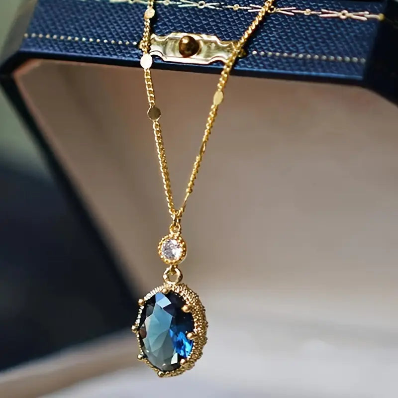 Gold Sapphire Oval Pendant Necklace