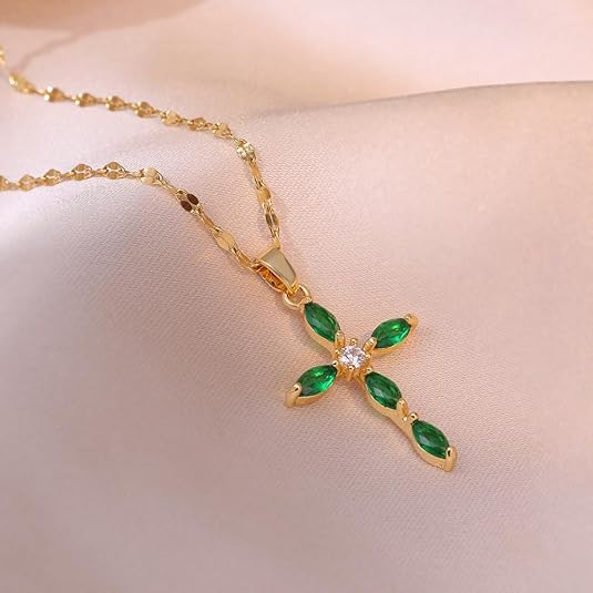 Emerald Gold Marquise Cross Pendant Necklace
