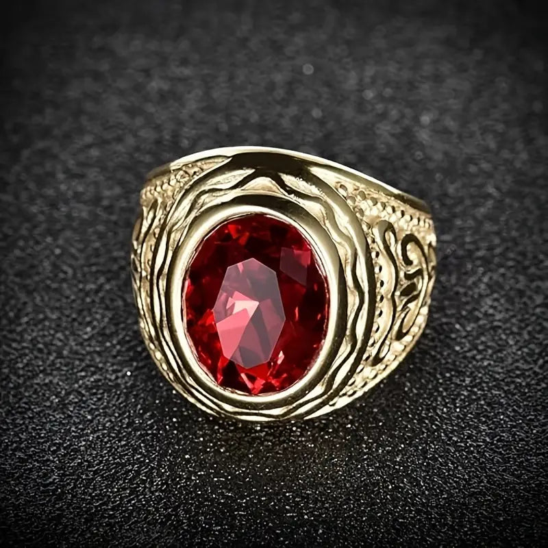 Gold Ruby Inscribed Ring
