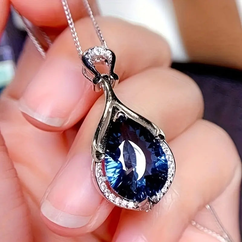 Silver Sapphire Teardrop Pendant Necklace