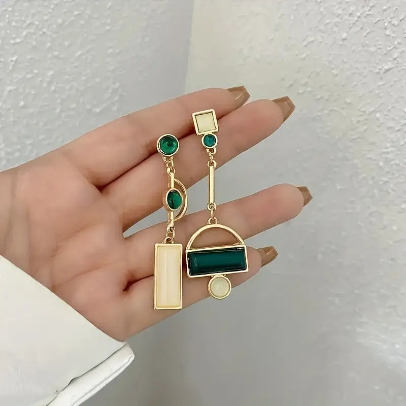 Gold Emerald Geometric Dangle Earrings