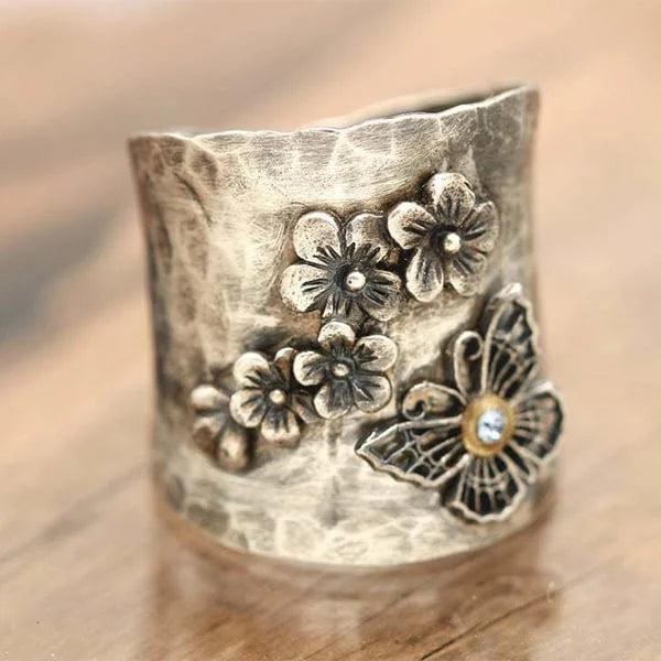 Butterfly Flower Bee Wide Band Ring
