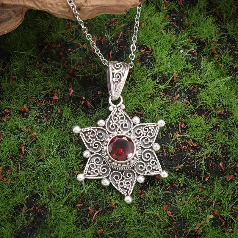Silver Ruby Star Charm Necklace