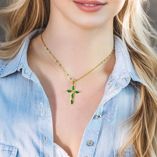 Emerald Gold Marquise Cross Pendant Necklace