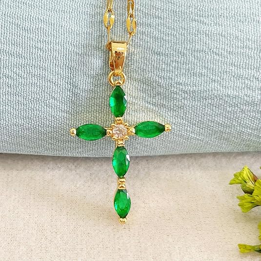 Emerald Gold Marquise Cross Pendant Necklace
