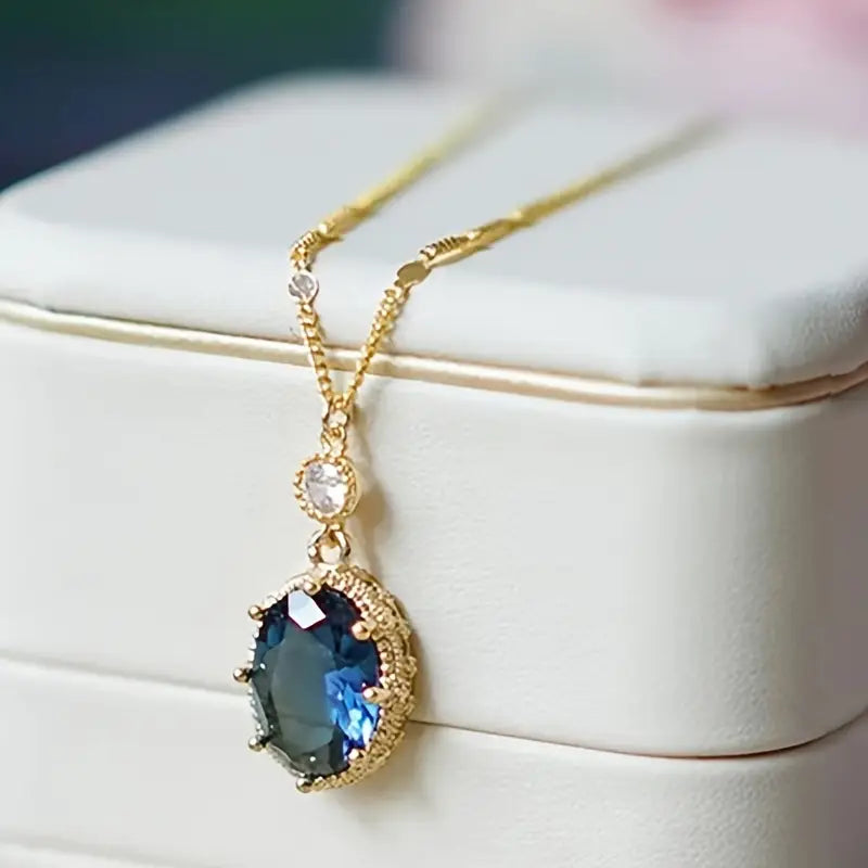 Gold Sapphire Oval Pendant Necklace