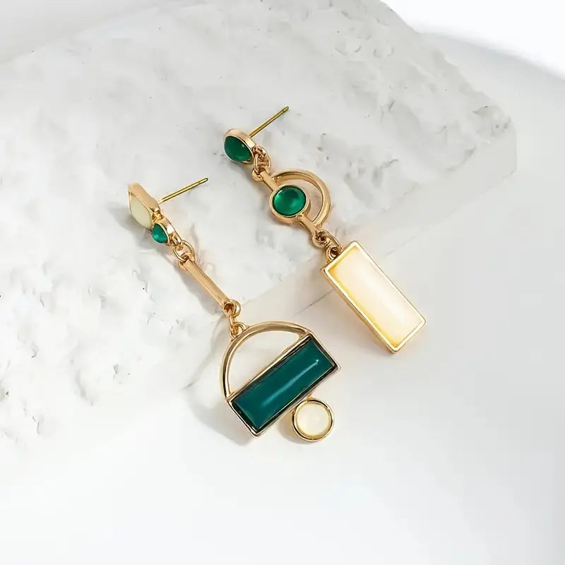 Gold Emerald Geometric Dangle Earrings