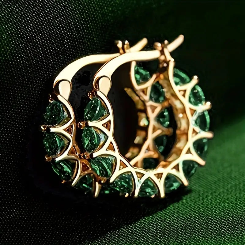 Gold and Emerald Lattice Hoop Earrings