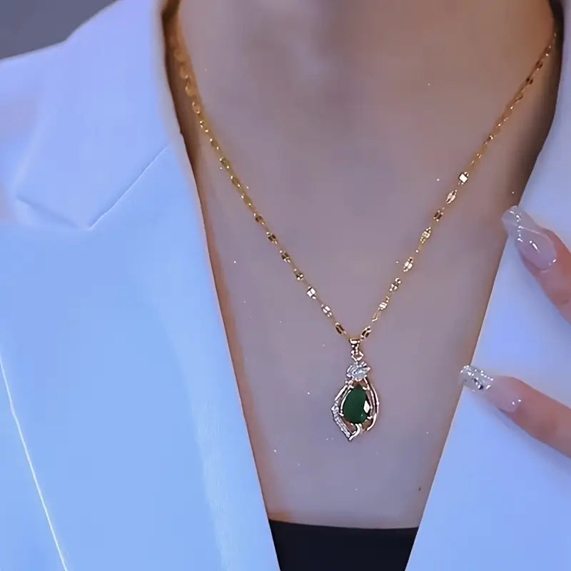 Gold Emerald Teardrop Pendant Chain Necklace
