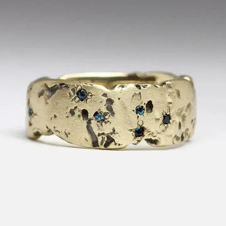 Vintage Golden Forged Band with Blue Inlay Crystal