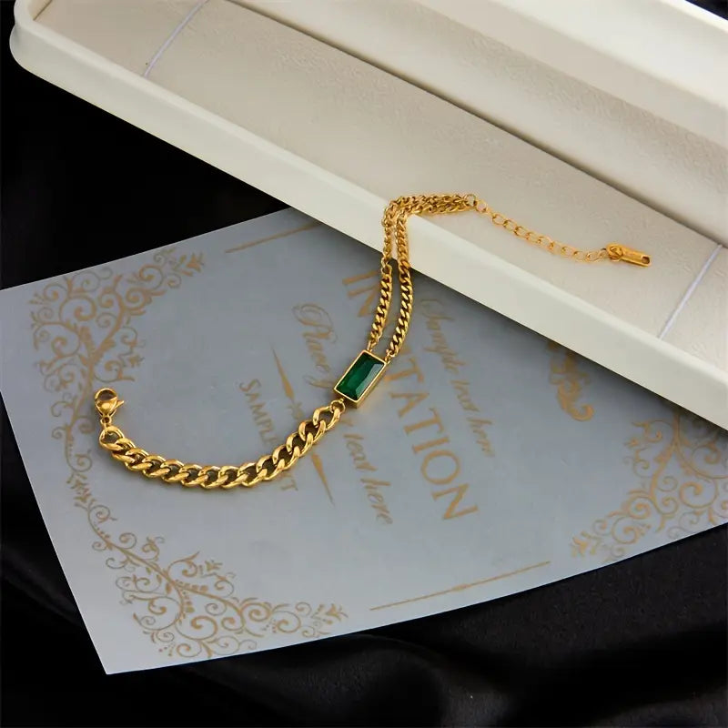 Gold Emerald Chain Bar Bracelet